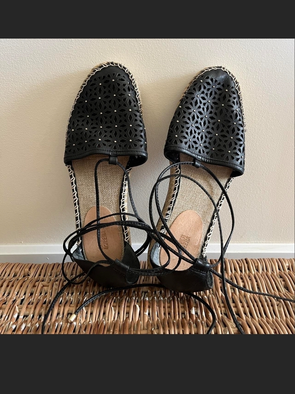 Anthropologie Black Leather Silver Studded Laser-Cut Lace-Up Espadrilles